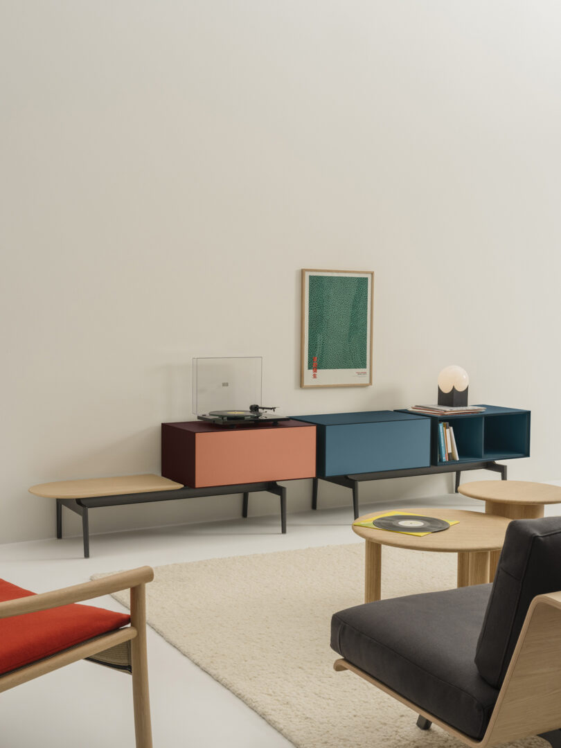 styled interior space with colorful credenza