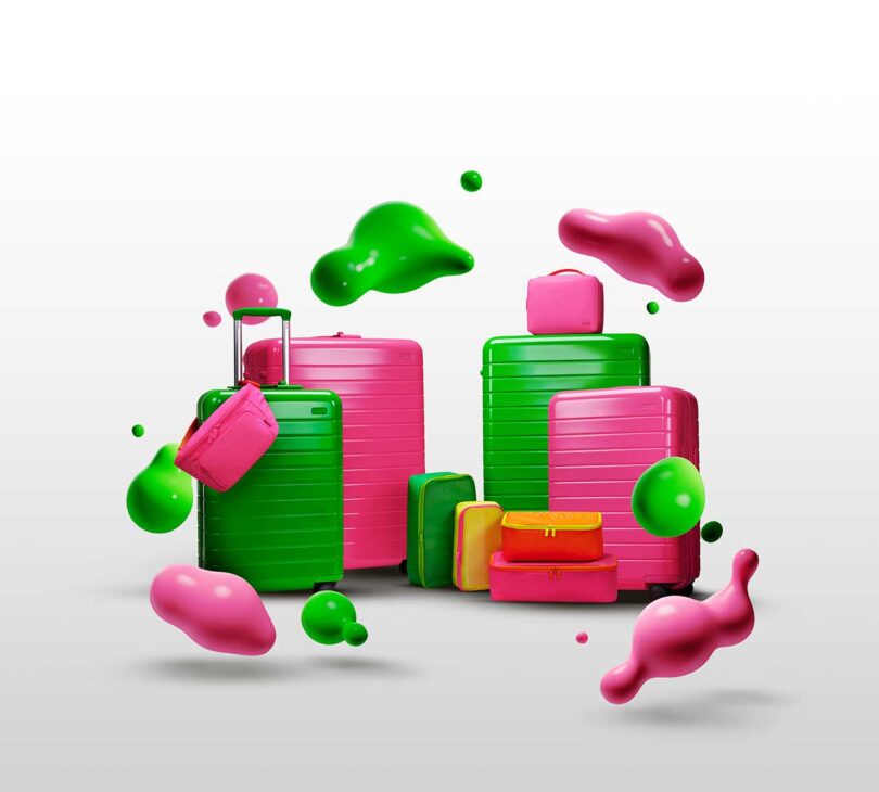multiple neon suitcases and travel bags with floating neon blobs