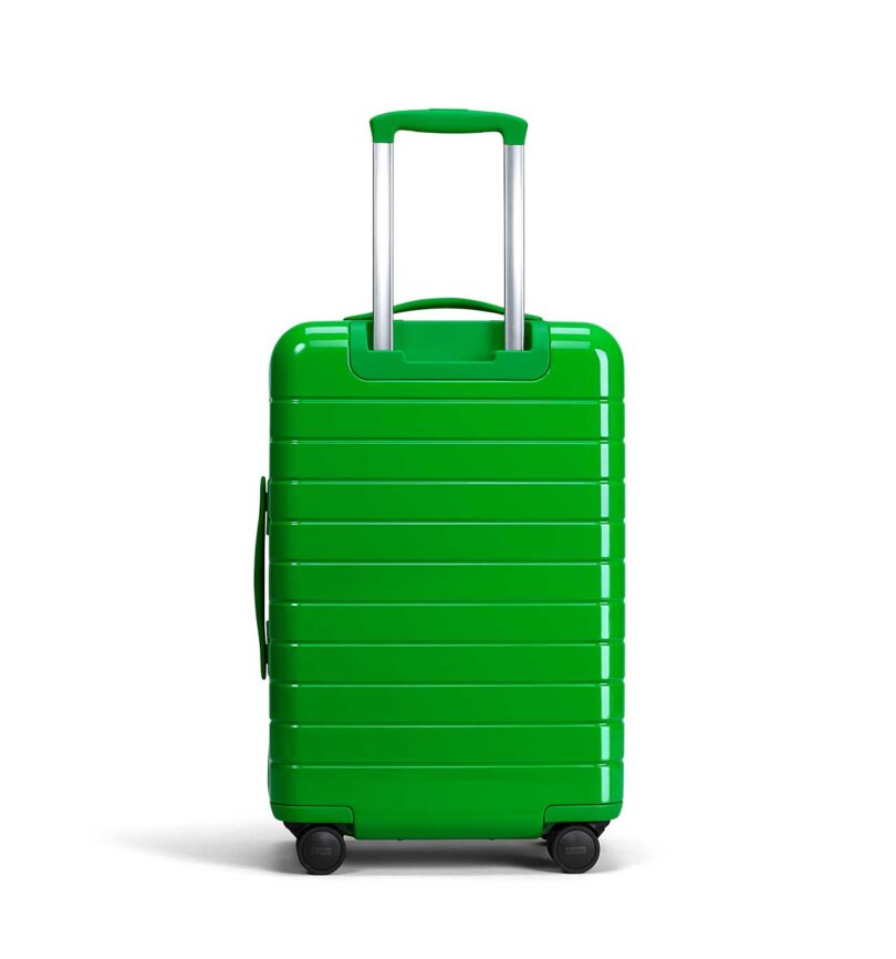 back view of neon green suitcase