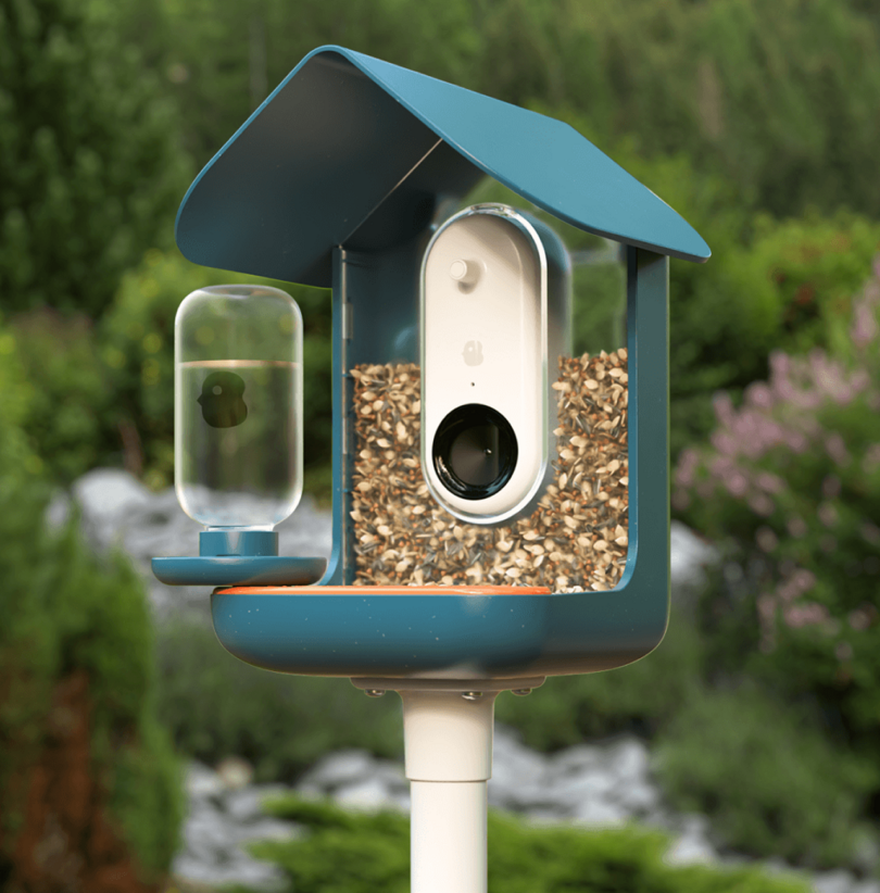 dark blue smart AI camera bird feeder outdoors
