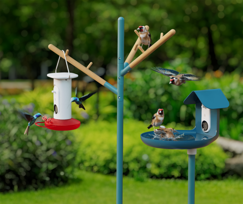 smart hummingbird feeder and smart birdbath outdoors