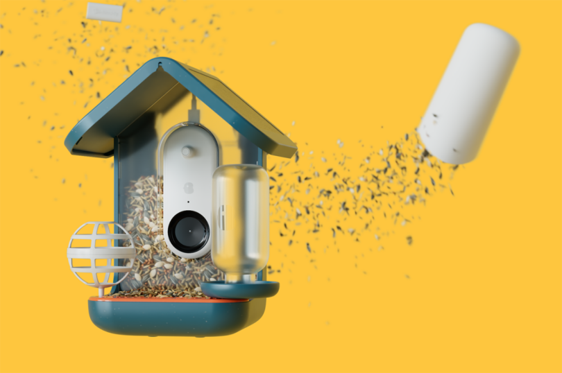dark blue smart AI camera bird feeders on yellow background