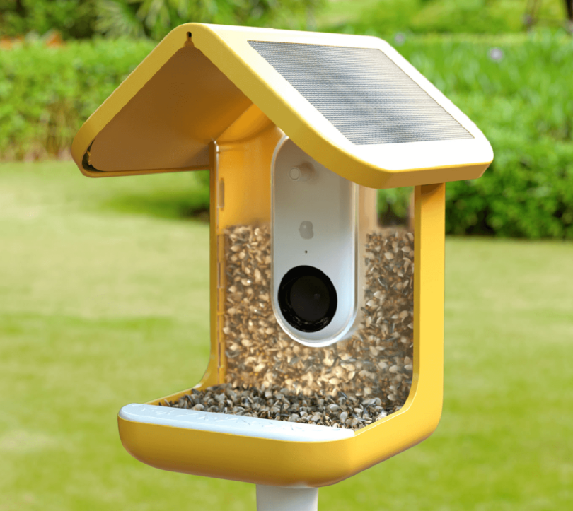yellow smart AI camera bird feeder outdoors