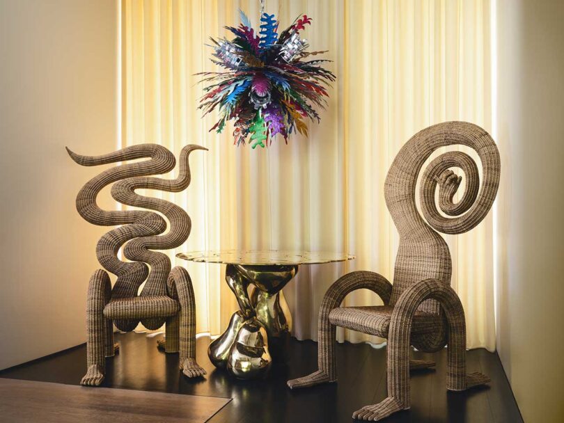 interior vignette of quirky and whimsical wicker furnishings