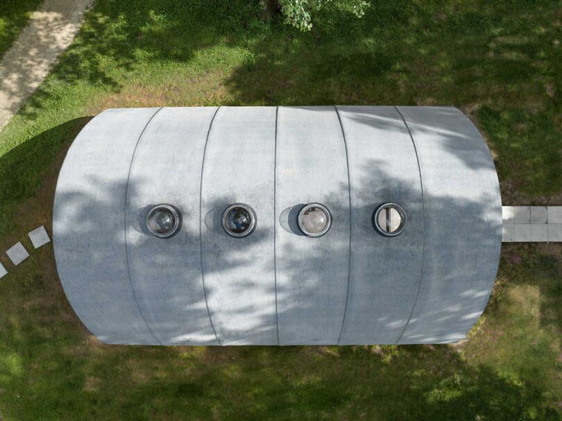 overhead exterior view of metal sustainable house