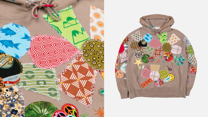 side-by-side images of patterned fabric swatches and those swatches attached to a beige hoodie sweatshirt