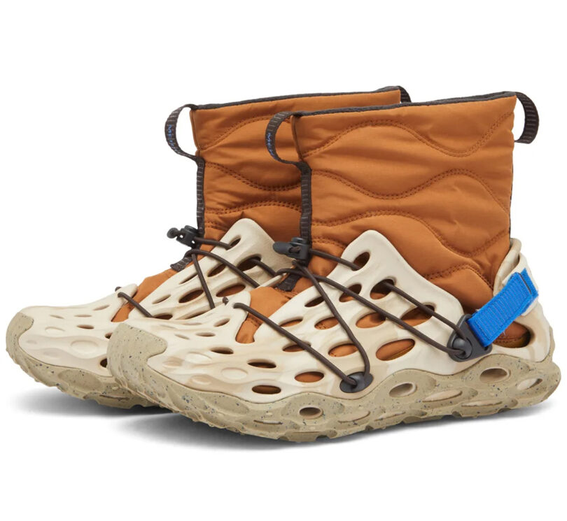 modern beige, brown, and blue hightop hiking shoes