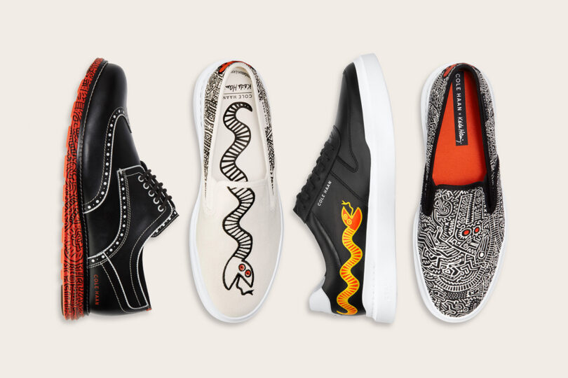 four different sneaker designs on a white background