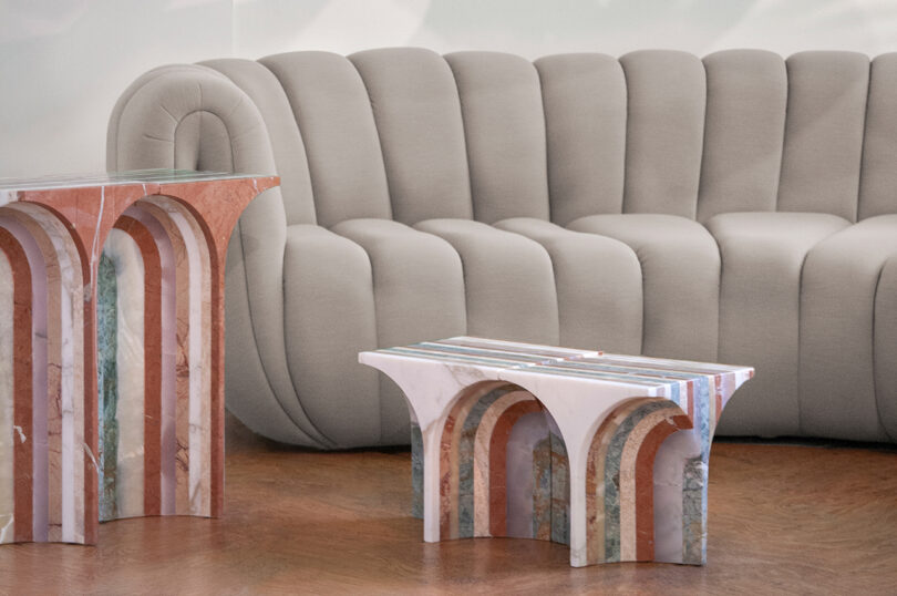 coffee table and side table made from different colors of marble for a striped effect