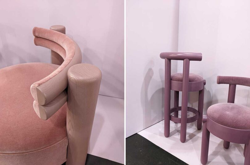 side by side images of pink velvet modern chairs