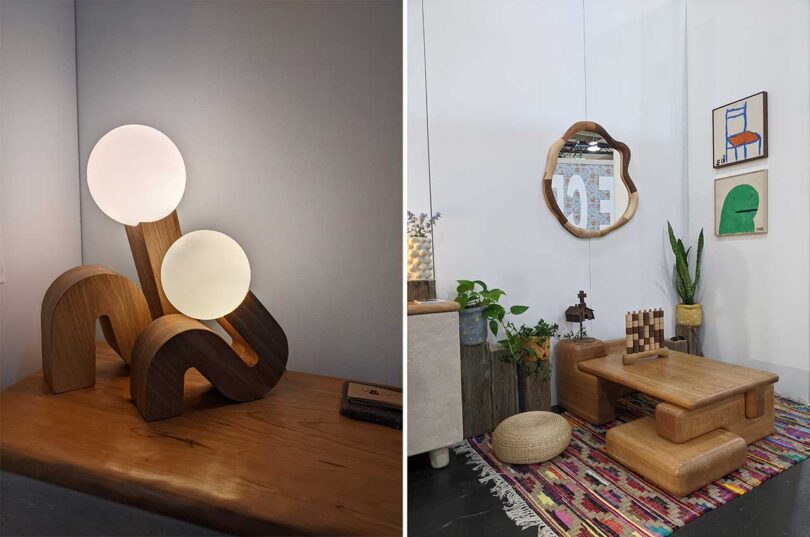 side by side images of wooden furniture vignette and curved wood and glass lighting