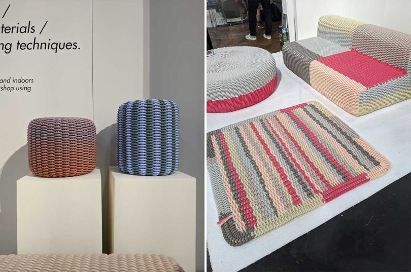 side by side images of woven silicone poufs, rugs, and furniture