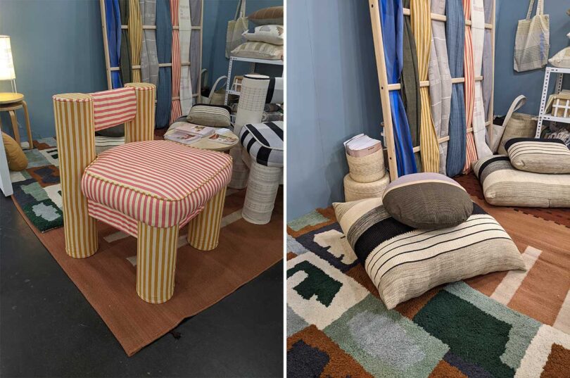 side by side images of an upholstered chair and various textiles