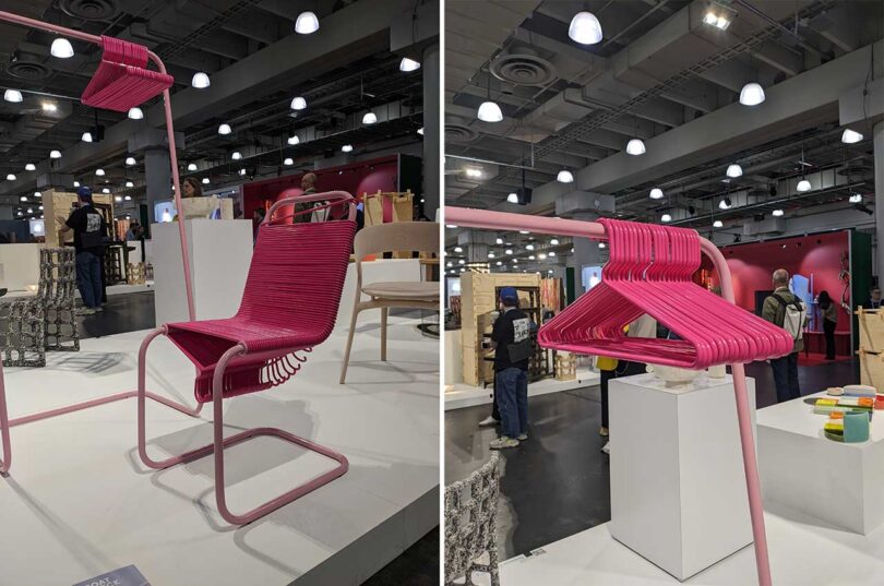 side by side images of a pink chair with seat and back made from pink coat hangers