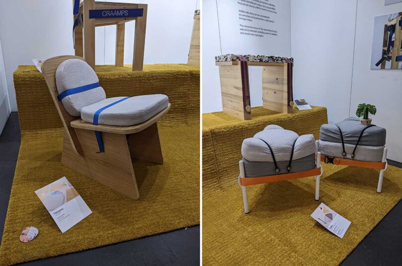 side by side images of furniture strapped together