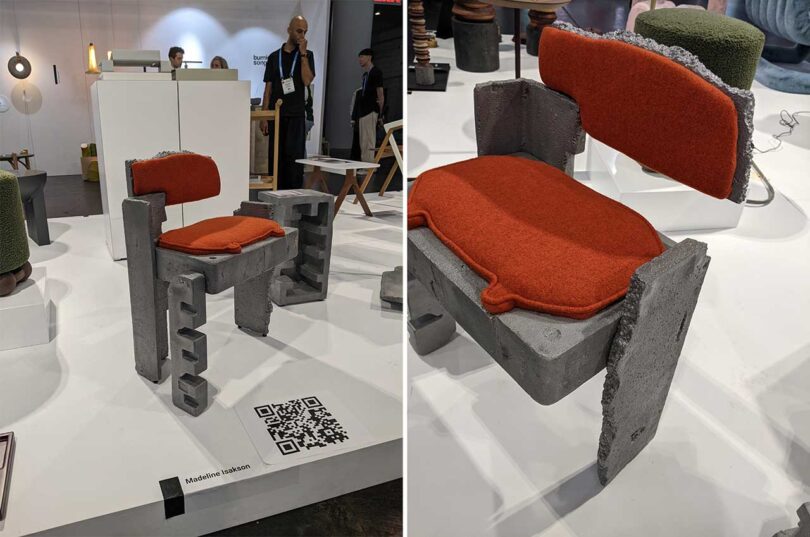 side by side images of concrete cast styrofoam shaped packing materials turned into a chair