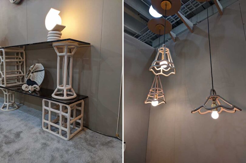 side by side images of modern ceramic tables and lights