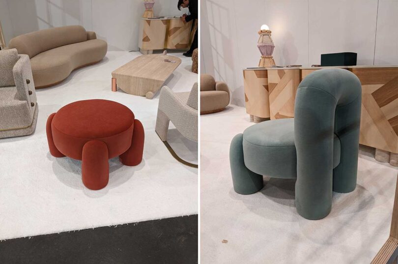 side by side images of low chunky upholstered seating