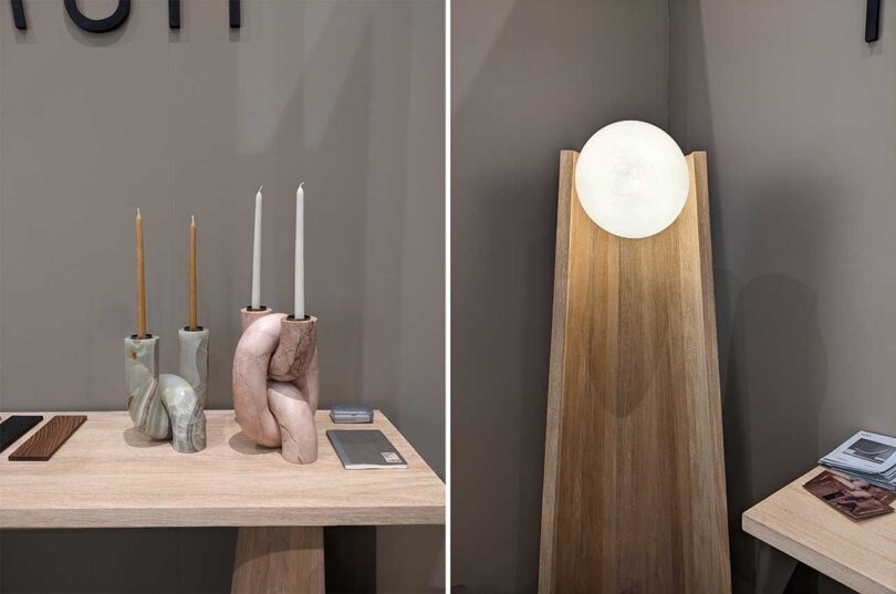 side by side images of porcelain candleholders and wood lamp