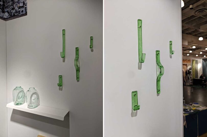 side by side images of translucent green wall hooks on white wall