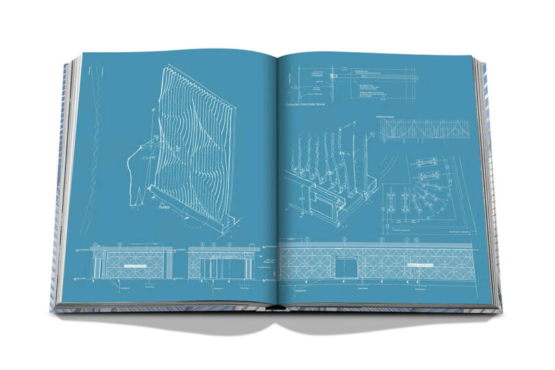 Open spread of book with blueprint plans of the Louis Vuitton store