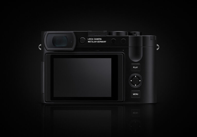 Back of Leica Q3 digital camera showing 3-inch tiltable high resolution touchscreen display.