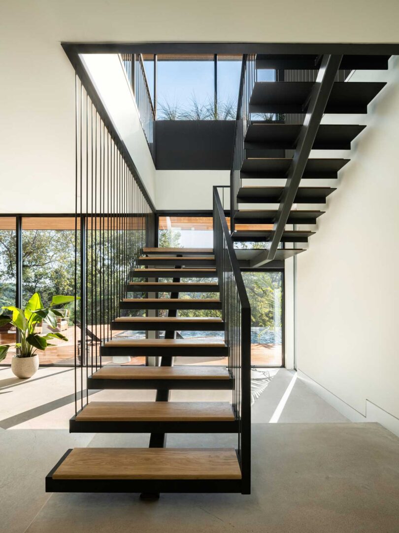 interior view of modern open metal and wood stairs