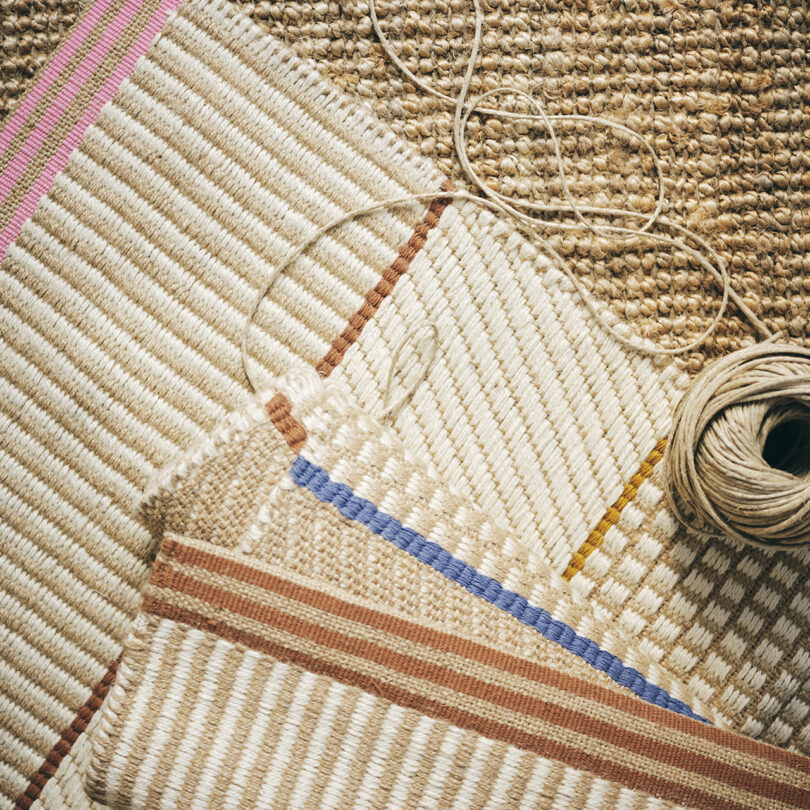 detail of neutral rug with colorful stripes