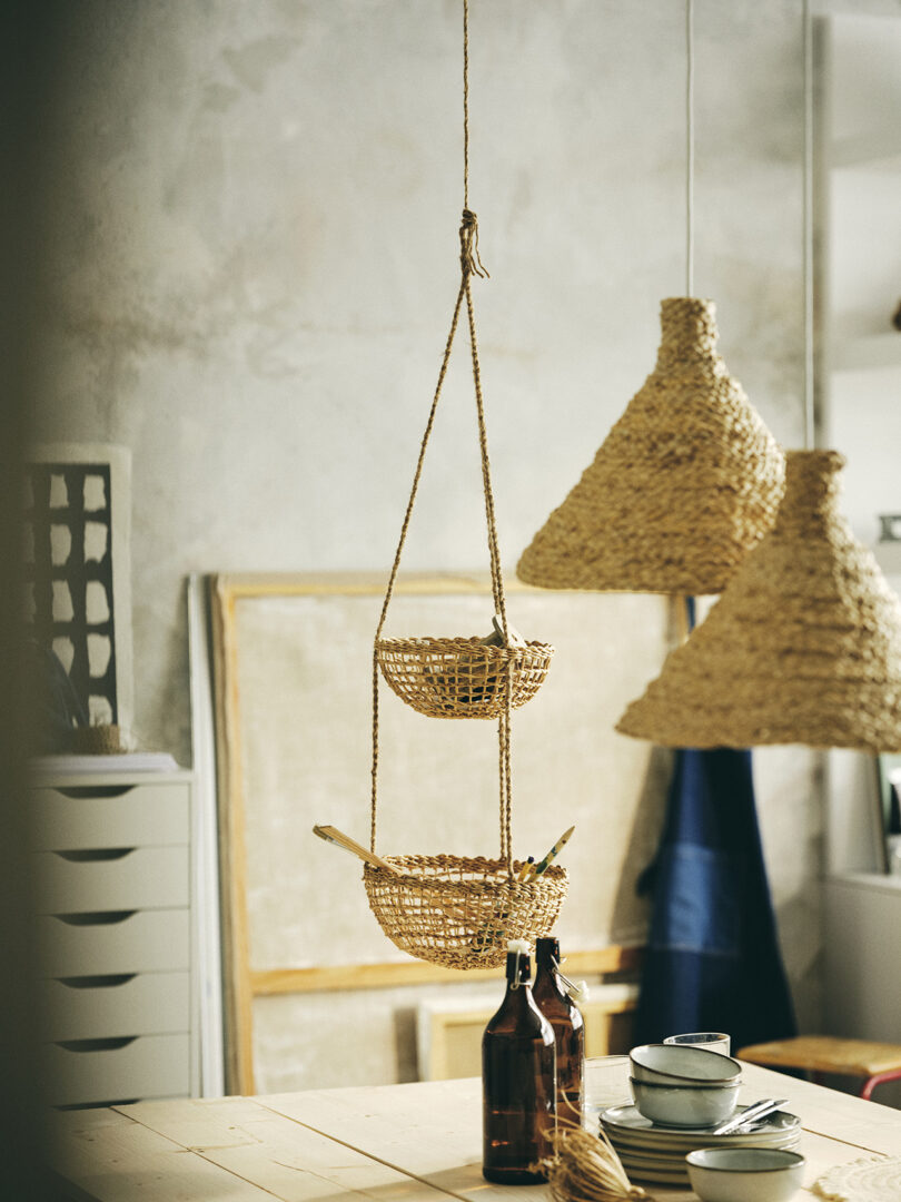 basket pendant lights and hanging stacked baskets