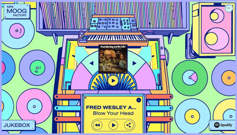 Moog jukebox with Fred Wesley and the JB's album cover on display against cartoon background.