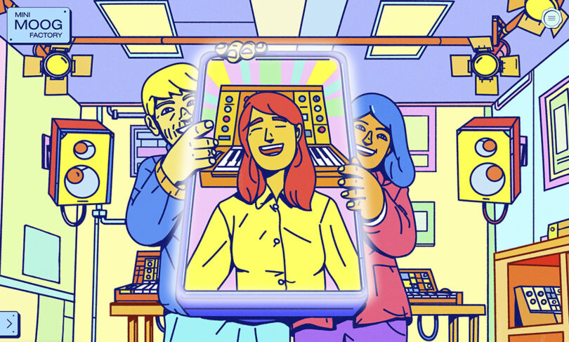 Cartoon of two people holding a mirror representing a Selfie photo integration feature on the Minimoog Model D website.