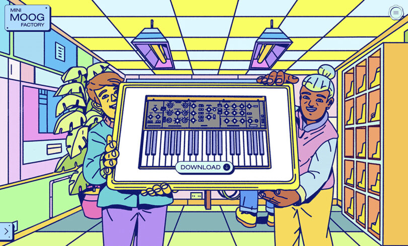 Colorful cartoon of two people holding up sign with Mood synth keyboard.