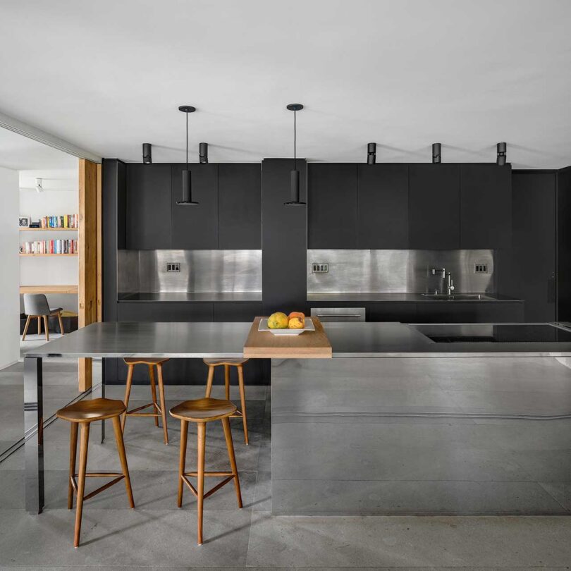 interior view of modern black and silver kitchen