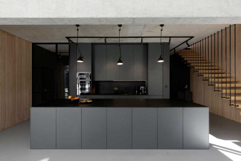 interior view of modern minimalist black kitchen
