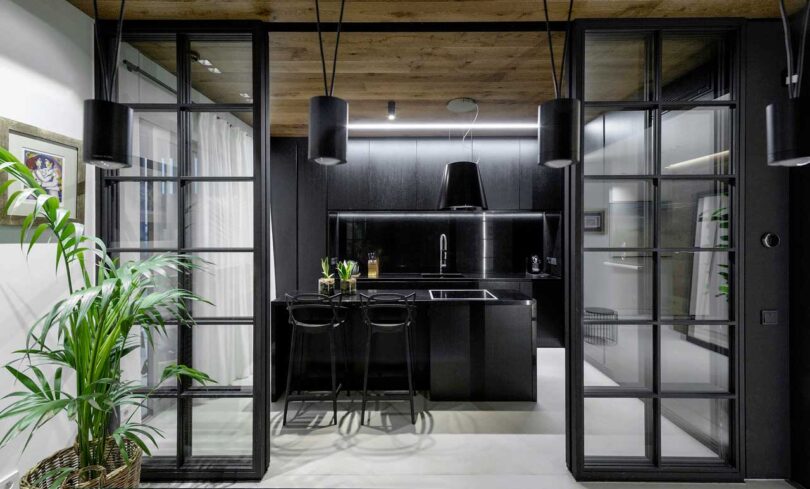 modern minimalist kitchen behind black and glass doors