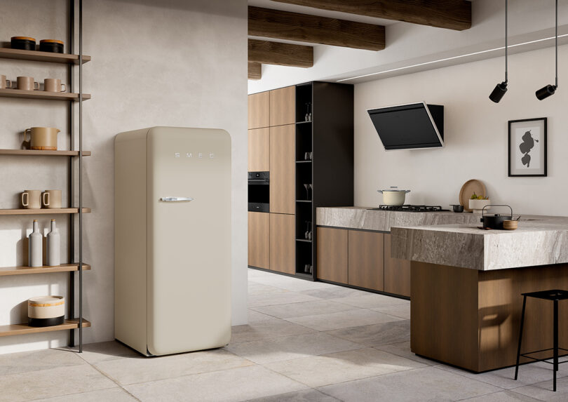 Smeg Fab28 refrigerator in modern earthen tone kitchen