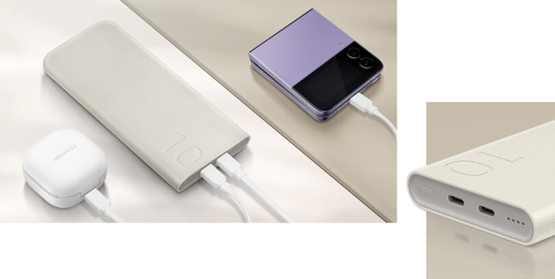 Samsung Battery Pack shown charging multiple devices at once, a purple Galaxy Flip 5 and Galaxy Earbuds.