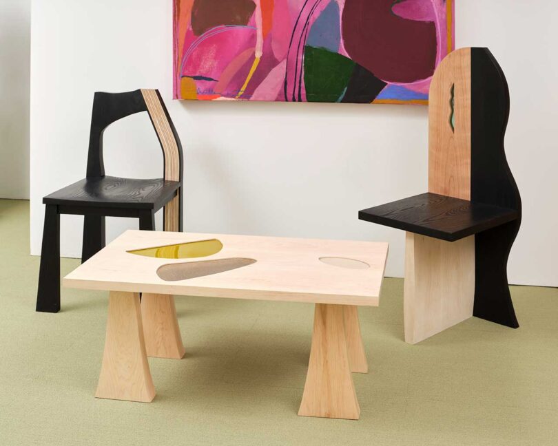 exhibition vignette with modern chairs