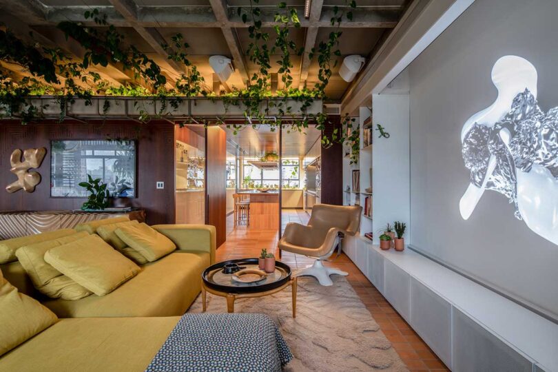 section of modern living room with lime green sofa and plants hanging from ceiling looking into kitchen