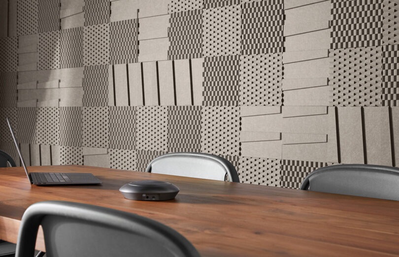 beige textured acoustic wall tiles in a styled space