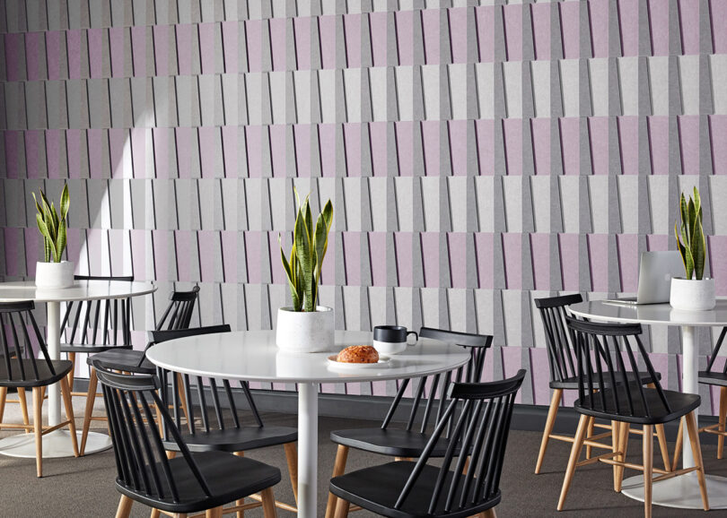 lavender and white acoustic wall tiles in a styled space