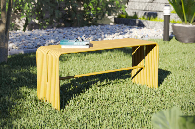 yellow outdoor long bench