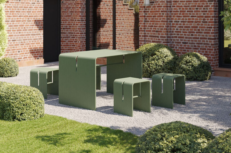 army green outdoor dining table, long bench, and two short benches