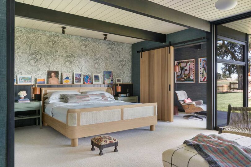 angled interior view of mid-century modern bedroom