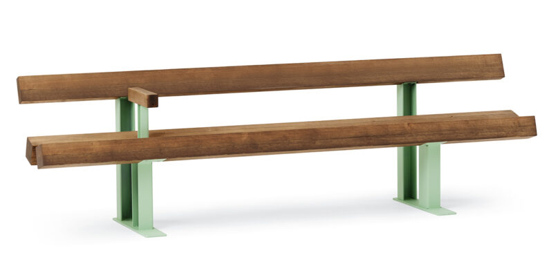 dark wood bench with back and light green metal legs