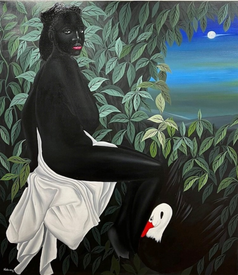 acrylic on canvas painting of a naked black woman sitting amongst green foliage next to a swan