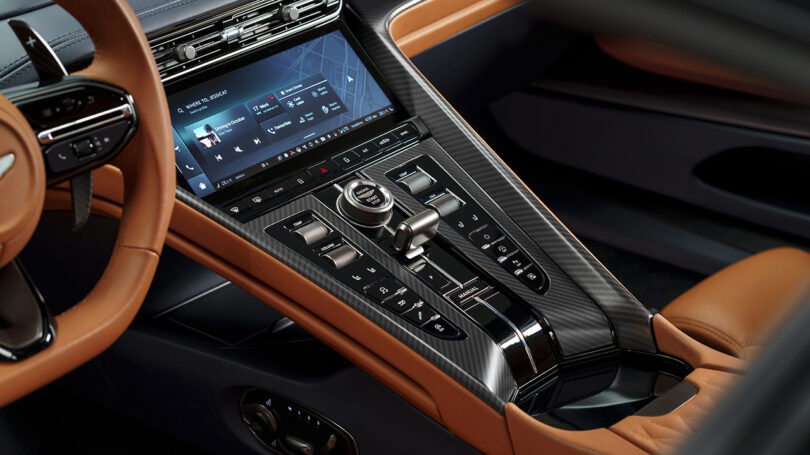 View of the Aston Martin DB12 center console infotainment system,