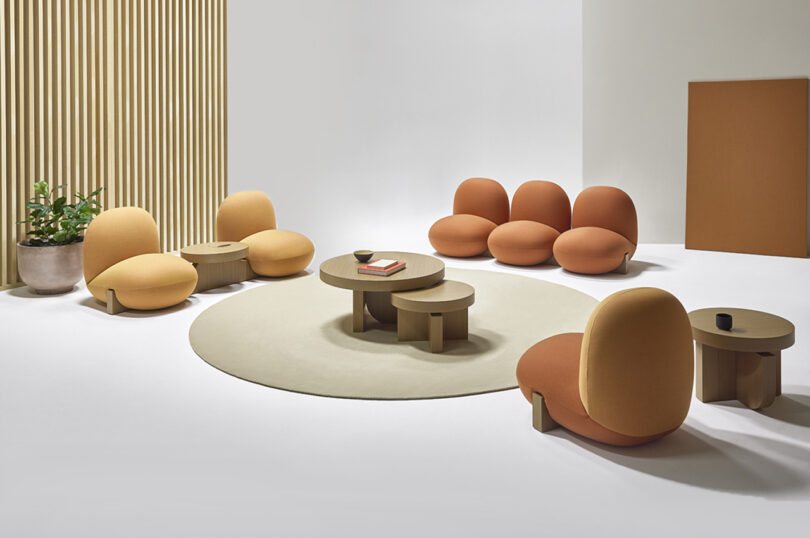 yellow and coral modern bulbous seating