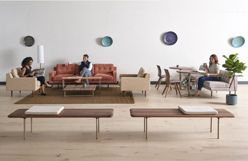 styled interior space with two long benches with cushions in front of a background of a sofa and table with chairs