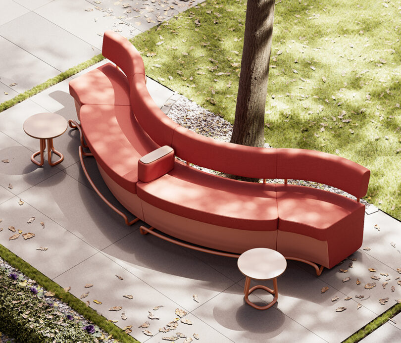 curvaceous raised red outdoor sofa